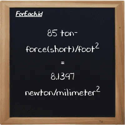 How to convert ton-force(short)/foot<sup>2</sup> to newton/milimeter<sup>2</sup>: 85 ton-force(short)/foot<sup>2</sup> (tf/ft<sup>2</sup>) is equivalent to 85 times 0.095761 newton/milimeter<sup>2</sup> (N/mm<sup>2</sup>)